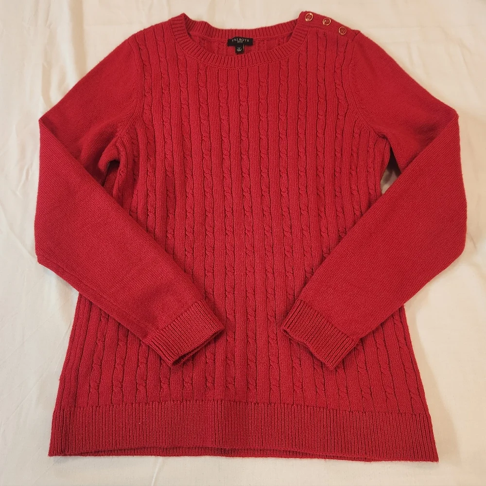 Talbots Women's Vibrant Red Cable Knit Sweater Size L Petite Classic Preppy Chic